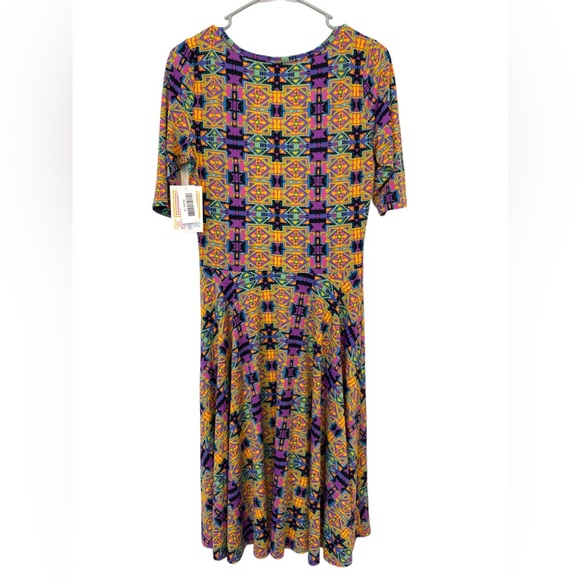 Lularoe Nicole Geometric Printed Midi Dress Size M Yellow Purple Short Sleeves - Picture 2 of 10